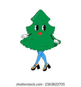 Psychedelic groovy Christmas tree, with 80s female legs, character .