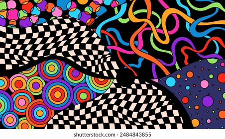 Psychedelic garabato groovy tablero de ajedrez para colorear página.