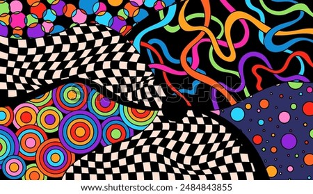Psychedelic groovy doodle checkerboard coloring page.