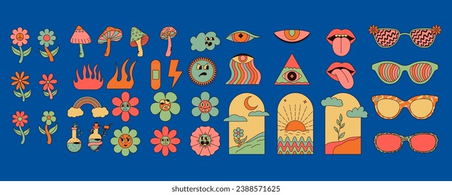 Psychedelic groovy elements. Mushrooms, fire, flower, lips, eyes, sunglasses and etc. Vintage vector set. Vector illustration