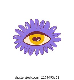 Flor de groovía psicodélica con ojos aislados. Flor de margarita de dibujos animados con un estilo retro con un brillo de ojos. Ilustración del vector