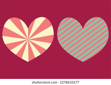 Íconos de corazón de groovía psicodélica ilustración vectorial en formas de corazón estriadas de fondo rosado oscuro 