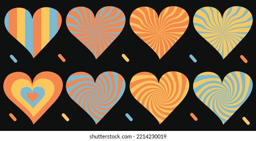Psychedelic groovy heart shape in 90s style. groovy trendy retro hippie sticker pack.
