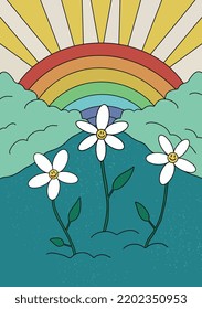 Psychedelic groovy hippie 70s stickers with funny cartoon flower, rainbow, peace, daisy, mushroom. Trendy retro funky cartoon good vibe 