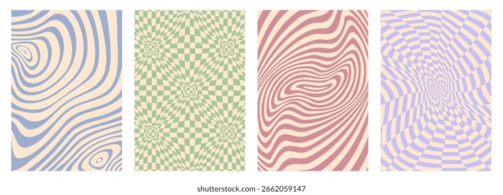 Plano de fundo padrão hippie psicodélico groovy, apresentando distorções hipnóticas e ilusões ópticas em cores retro. Conjunto vetorial de abstrato ondulado distorcido listrado e xadrez vintage posters