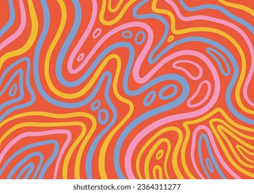 Psychedelic groovy horizontal background. Bold line retro wave wallpaper. Liquid flat Vector design illustration.