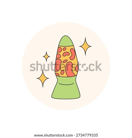 Psychedelic groovy lava lamp in green with flat retro style sticker. Vintage label and music lid graphic, y2k package emblem in circle shape. Trendy cool badge.