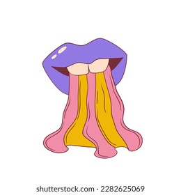 Los labios de groovía psicodélicos aislados. Los labios de dibujos animados con un estilo retro groovy arcoiris. Ilustración del vector