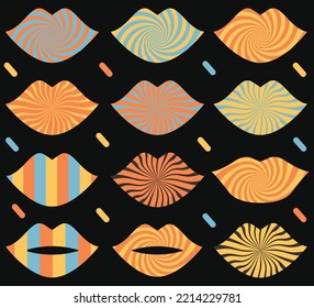 Psychedelische Groovy Lippen im Stil der 90er Jahre. Groovy trendige Retro-Hippie-Aufkleber-Packung.
