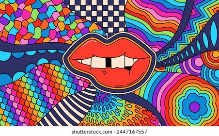 Psychedelic groovy lips with. Zentangle coloring page for adult.