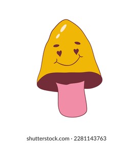 Psychedelic groovy mushroom with face isolated. Cute cartoon mushroom with eye groovy retro style. Vector illustration.