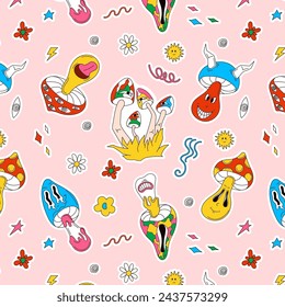 Psychedelic groovy mushrooms character pattern in cartoon style. Funny character drawing wallpaper print, 90s graphic art background. Vector illustration.