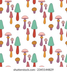 Psychedelic groovy mushrooms pattern. Seamless repeatable background, digital paper, banner. Retro vintage autumn, fall. Retro colors.