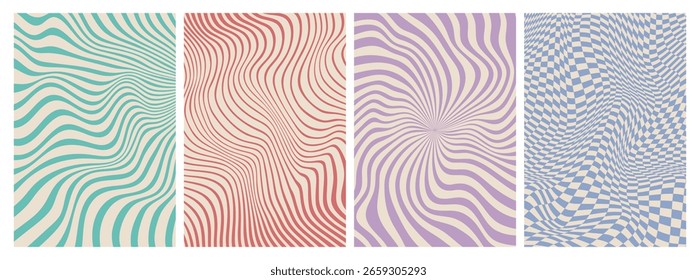 Fundos de padrão groovy psicodélico com listras deformadas, espirais hipnóticas e tabuleiros de xadrez dinâmicos em tons pastel retro. Conjunto vetorial de ilusões ópticas abstratas vibrantes e onduladas