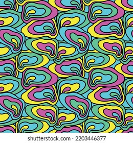 Psychedelic Groovy pattern with colorful abstract spots, streaks, blots in a fashionable trippy style. Vector illustration of hippie youth, abstract vector patterns, symbols and signs in acid neon