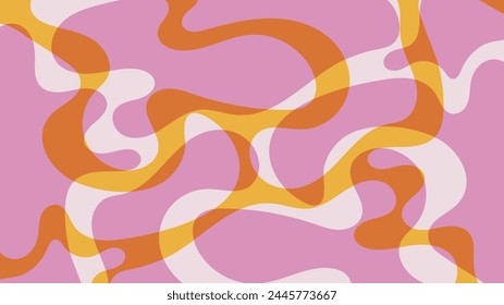 Psychedelic groovy pattern in retro 60s-70 s style. Vintage wavy background in pink, yellow, orange and beige colors. Liquid shapes vector design