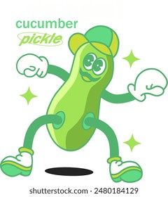 psychedelic groovy pickle mascot striking a boxer's pose. The pickle exudes a masculine persona with a proud mustache and a champion's hat.Perfect for branding, marketing, or print and sticker 