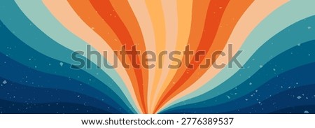 Psychedelic groovy rainbow wide background drawn in warm and blue color.