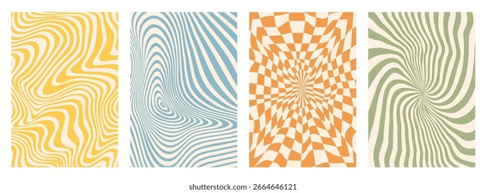 Fundo retro groovy psicodélico com padrão de ondas abstratas, design moderno vetorial. Groovy padrão de redemoinhos ondulados psicodélicos em funky ou hippie e vintage estilo com padrão líquido