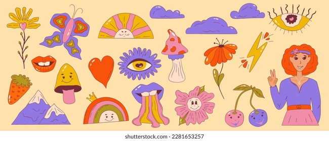 Psychedelic groovy set with girl of Retro 70s elements. Cartoon daisy flowers, sun and rainbow with crown mushrooms, lips clipart. Positive groovy hand drdawn vector isolated symbols with eye