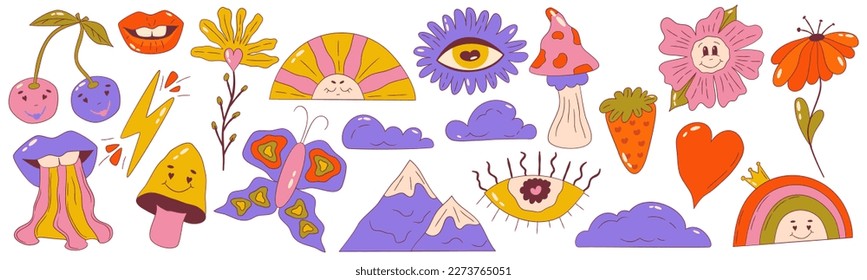 Psychedelic groovy set of Retro 70s elements. Cartoon daisy flowers, sun and rainbow with crown mushrooms, lips clipart. Positive groovy hand drdawn vector isolated symbols with eye