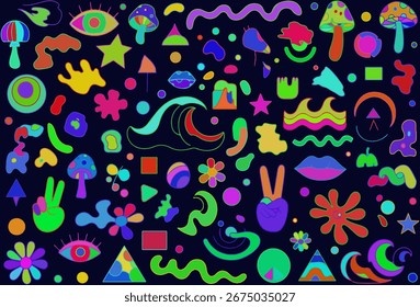 Psicodélico Groovy Formas e Símbolos no Fundo escuro
