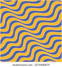 Psychedelic groovy striped wavy illustration design in blue and yellow color. Illusion print for background. 70s fashion trendy vector banner.