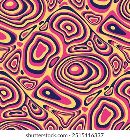 Psychedelic groovy trippy y2k retro seamless pattern. Colorful abstract liquid marble texture, fluid art vector background in pink, yellow, violet colors for decorative template, cover, banner