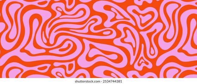 Psicodélico groovy trippy y2k retro sem costura padrão em cores rosa vermelho. Dia dos namorados Natal fundo textura líquido romântico forma do coração. Ilustração vetorial