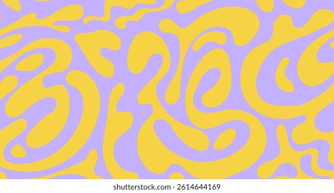 Psychedelic groovy trippy y2k retro seamless pattern in yellow and lavender purple colors. Wavy and swirled brush strokes liquid background for packaging design

