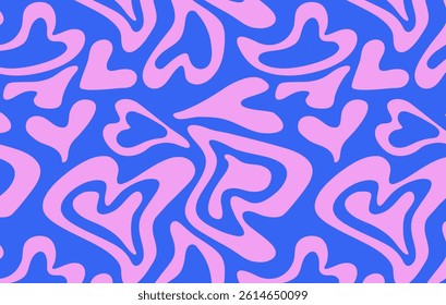 Psychedelic groovy trippy y2k retro seamless pattern in blue pink colors. Valentine's day holiday background texture liquid romantic heart shape. Vector illustration