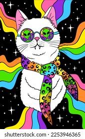 psychedelic groovy white cat in sunglasses, space retro trip