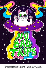 psychedelic groovy white cat in sunglasses, cool space trips