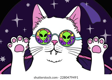 psychedelic groovy white cat in sunglasses, space retro trip