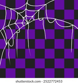 Tabuleiro Psicodélico de Halloween. Fundo groovy das ondas. Papel de parede hippie em estilo Y2k. Ilustração de vetor retrô. Padrão geométrico distorcido. Chessboard roxo torcido com teia de aranha.