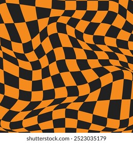 Psicodélico tablero de ajedrez de Halloween. Ondas de fondo estupendo. Fondo de pantalla hippie en estilo Y2k. Ilustración vectorial retro. Patrón geométrico distorsionado. Tablero de ajedrez naranja retorcido.