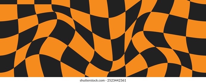 Psicodélico tablero de ajedrez de Halloween. Ondas de fondo estupendo. Fondo de pantalla hippie en estilo Y2k. Ilustración vectorial retro. Patrón geométrico distorsionado. Tablero de ajedrez naranja retorcido.