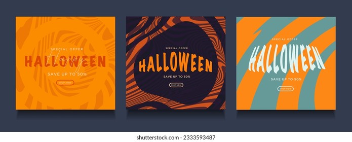 Psychedelic Halloween Extravaganza. Abstract Posters Halloween in yellow, black, turquoise colors. Geometric 3D discounts up to 50% for cover art, banners, posters, web graphics, flyers, postcards. 