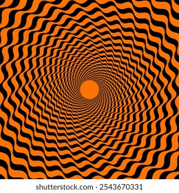 Psychedelic Halloween hypnotic spiral pattern for horror holiday, vector background. Hypnotic spiral pattern of orange and black swirls in hypnosis illusion of wormhole tunnel for Halloween holiday