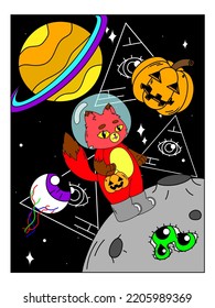 Psychedelic Halloween poster. A fox in a spacesuit on the moon, a basket in the form of a pumpkin, space, madness, surrealism, triangles with an eye.