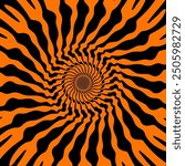 Psychedelic Halloween spiral pattern. Dynamic black and orange vortex waves. Vector illusion of continuous motion and energy, trippy whirlpool, distorted twirl background, surreal fractal abstraction