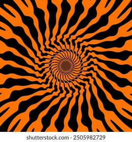 Psychedelic Halloween spiral pattern. Dynamic black and orange vortex waves. Vector illusion of continuous motion and energy, trippy whirlpool, distorted twirl background, surreal fractal abstraction