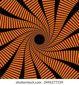 Psychedelic Halloween spiral pattern featuring black and orange lines that twist and turn towards the center. Vector optical illusion background with swirled vortex creates a tunnel-like visual effect