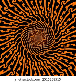 Espiral de Halloween psicodélico padrão hipnótico espiral, efeito hipnose. Vórtice vetor dinâmico preto e laranja, ilusão de movimento e profundidade com efeito vertiginoso. Fundo de espiral abstrato psicodélico