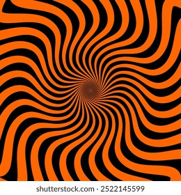 Padrão espiral de Halloween psicodélico de turbilhão hipnótico vórtice, fundo vetorial. Dia das Bruxas feriado hipnótico espiral círculos padrão de vertigem ilusão gira em preto laranja túnel redemoinho