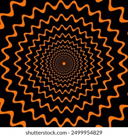 Psychedelic Halloween spiral pattern. Mesmerizing vector background with black and orange wavy lines gradually narrow towards the center, creating a sense of depth, visual illusion and movement