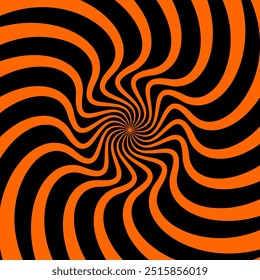 Psychedelic Halloween spiral pattern. Vector optical illusion background with black and orange continuous flowing waves or lines, creating captivating visual effect of distortion and trippy vibes