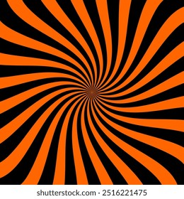 Padrão espiral de Halloween psicodélico. Fundo de ilusão óptica hipnótica vetorial com fluxo contínuo de linhas preto e laranja desenha o olho em direção ao centro, criando um efeito visual cativante