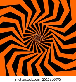 Psychedelic Halloween spiral pattern in vibrant black and orange colors. Bold vector swirl, intense, dynamic spooky and trippy motion optical illusion effect with twisting lines and geometric shapes