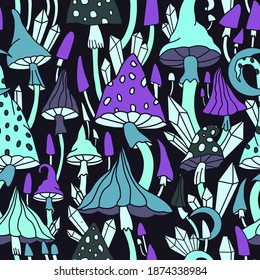 Psychedelic hallucinogenic mushrooms and fly agaric. Vector print for printing on paper, fabric, clothes. Trendy youth seamless pattern with hallucinogenic mushrooms in neon colors.